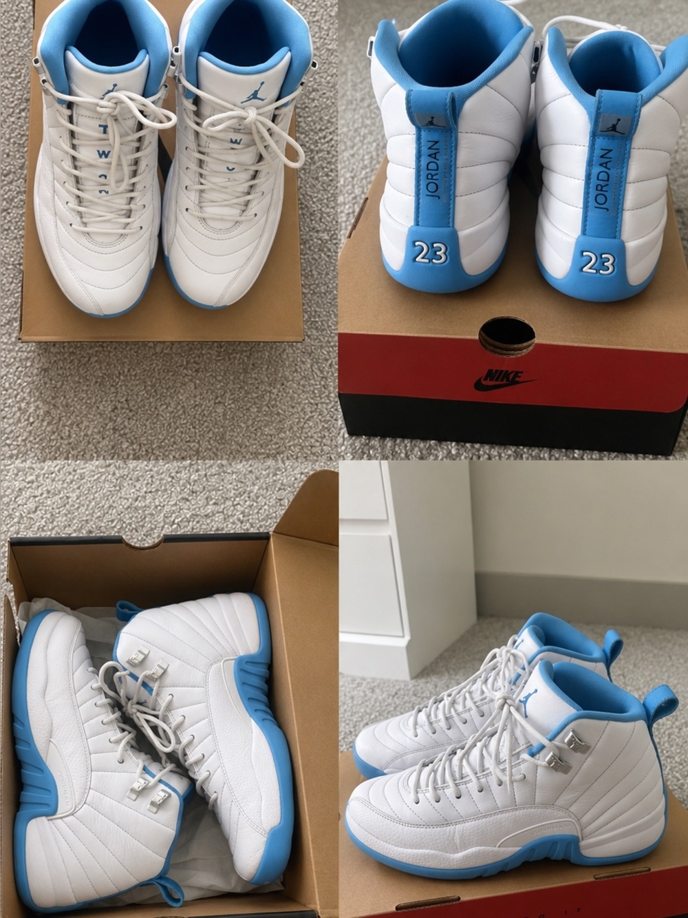 Jordan 12 Retros White and University Blue Sneakers